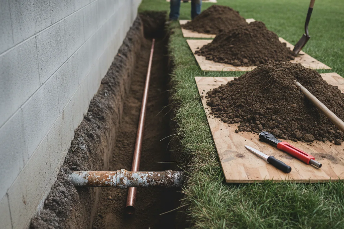 Excavated water line trench during Water Heater Repair in Pleasant Plains